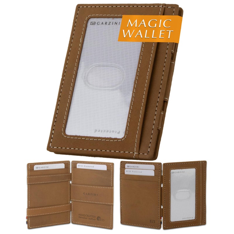 GARZINI Magic Wallet with ID Holder, Minimalist Wallet with RFID card holder, Leather Wallet for 8 cards, Camel Brown - Image 1